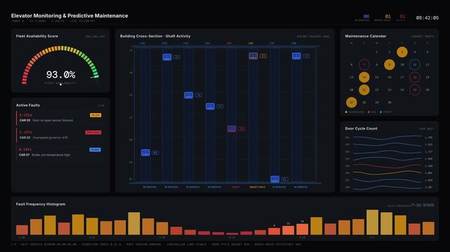 An advanced elevator monitoring dashboard animation in dark mode displaying equipment availability, fault events, and maintenance schedules with real-time updates and vibrant graphics.