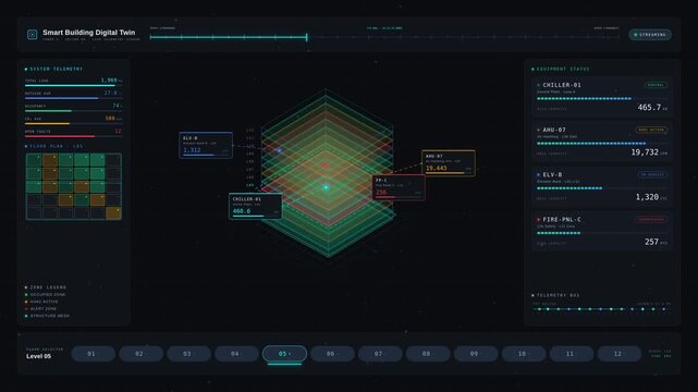 Explore a high-tech Smart Building Digital Twin Dashboard featuring interactive floor plans, equipment status, and vibrant color-coded zones in a sleek dark mode design.