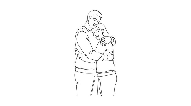 Couple embracing in a continuous line art drawing on a white background