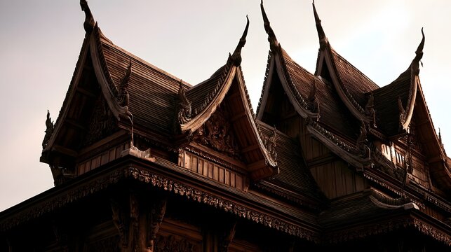 Traditional Thai wooden temple roof with ornate gables and detailed carvings under soft daylight