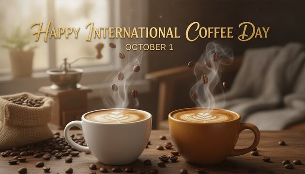 International Coffee Day with steaming coffee cups, roasted beans, latte art, and October 1 greeting in a cozy cafe interior still life