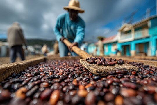 Farmer in woven hat turning drying cocoa beans with wooden rake across outdoor table beneath cloudy sky in colorful tropical village setting