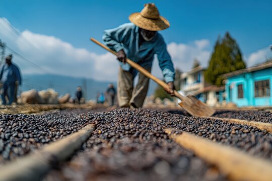 Worker in woven hat spreading dark coffee beans with a wooden rake across outdoor drying beds beneath mountain sky, agricultural processing scene