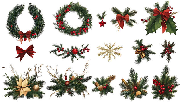 Christmas floral elements festive evergreen branches with berries and bows isolated on white background for ho