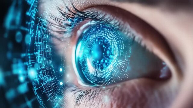 Futuristic Cybernetic Eye with Digital Interface and Biometric Scanning Technology.