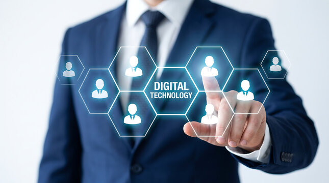 Businessman using virtual touchscreen presses the text DIGITAL TECHNOLOGY. Concept of digital technology background. new