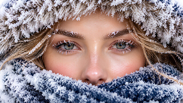 Frozen Woman Face Close Up with Snow and Frost in Extreme Winter