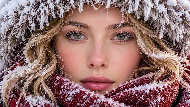 Frozen Woman Face Close Up with Snow and Frost in Extreme Winter