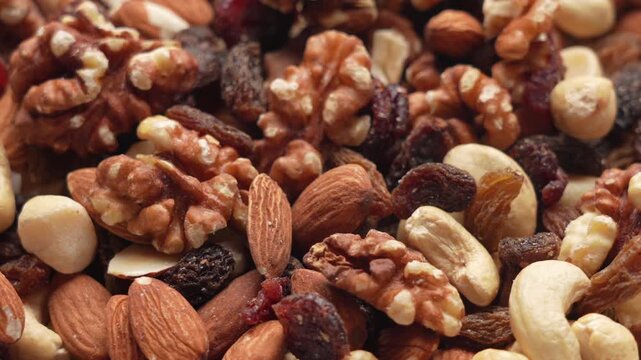Close-up of mixed nuts and dried fruits trail mix with walnuts, almonds, cashews, raisins, and cranberries