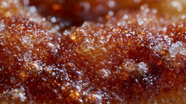 Sweet golden caramel texture with sticky sugar crystals and glossy glistening bubbles captured in close up photography
