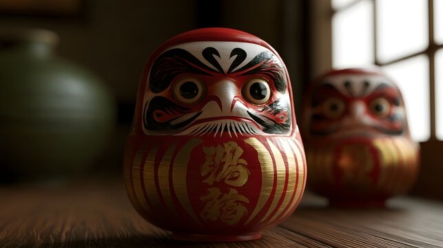 A traditional Japanese daruma doll with bold red and gold paint  sitting on a wooden surface with another doll blurred in the background