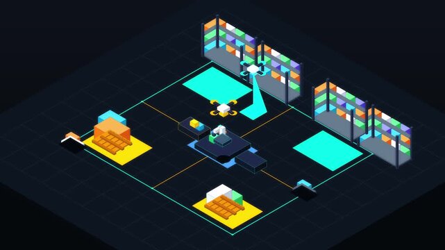 Pixel warehouse drone animation with sorting inventory loop