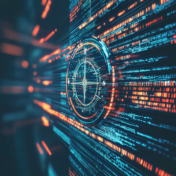 Futuristic compass graphic centered amidst a flow of vibrant blue and orange binary code and data lines