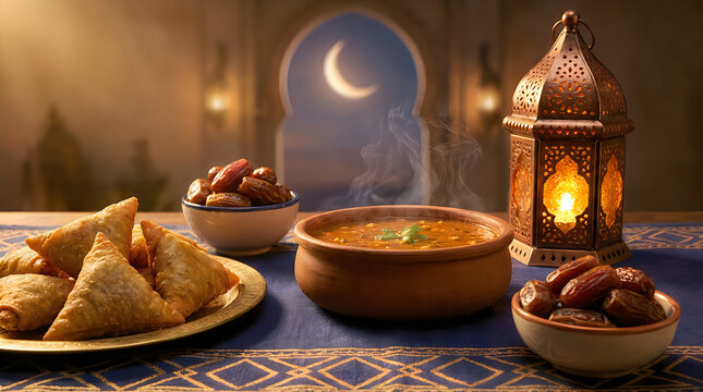 Ramadan iftar meal with samosas and dates near a glowing lantern
