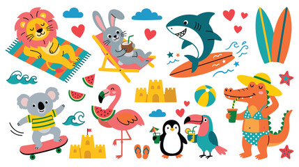 Fototapeta premium Summer vacation animals set with cute characters on beach with surfboards and tropical fun.