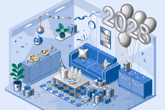 Isometric new year party room illustration with number balloons and blue furniture