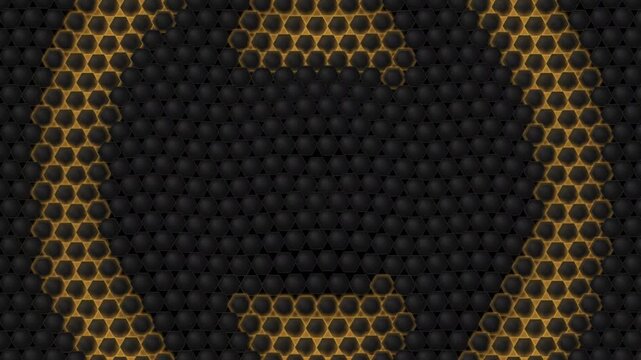 Abstract metallic gold hexagon data matrix forming glowing shapes on a dark background, widescreen motion loop.