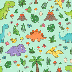 Colorful cartoon dinosaurs and volcanoes seamless pattern for kids. © Pure