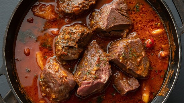 Closeup of delicious beef stew with chunks of meat and rich tomato sauce in a cast iron skillet