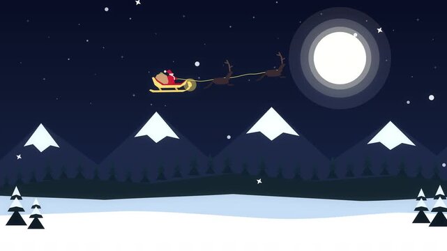 Pixel art santa sleigh flying moon night christmas animation loop