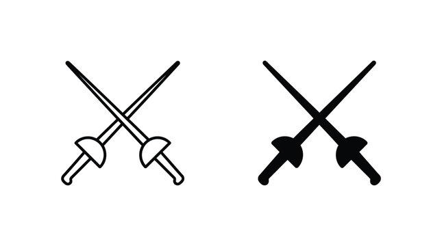 Crossed fencing swords vector graphic icon set illustrating classic sport equipment with minimalist style