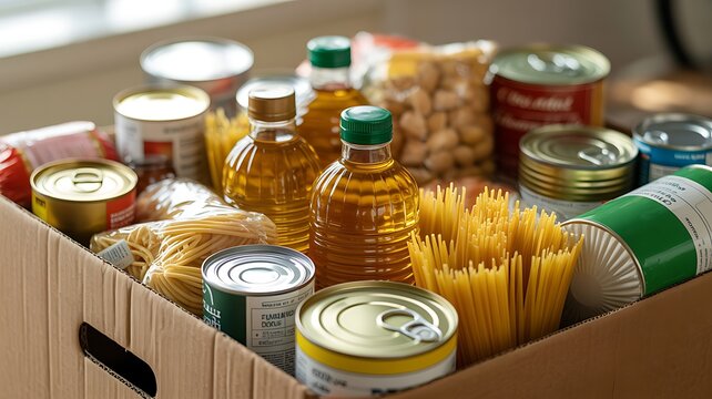 Cardboard box filled with various food supplies including pasta, cooking oil, and canned goods for donation or pantry