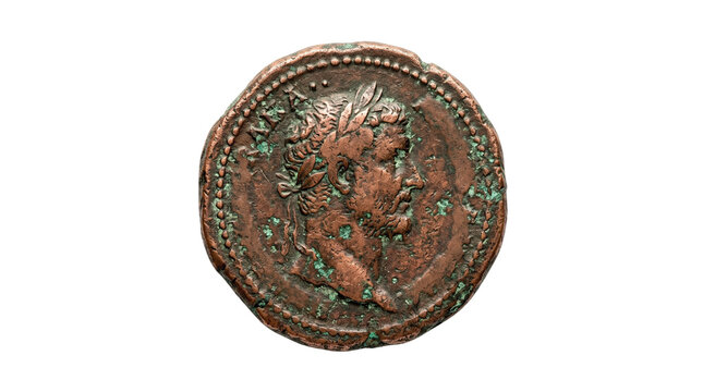 Ancient bronze Roman coin with profile portrait, antique copper artifact with weathered patina, historic numismatic currency piece isolated PNG with Transparent Background