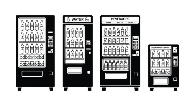 Black vector vending machines display bottled water against a white background