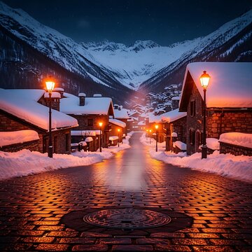 Charming alpine village street glowing under winter night stars
