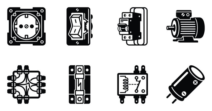 Electrical outlet switch circuit breaker motor fuse icon set black