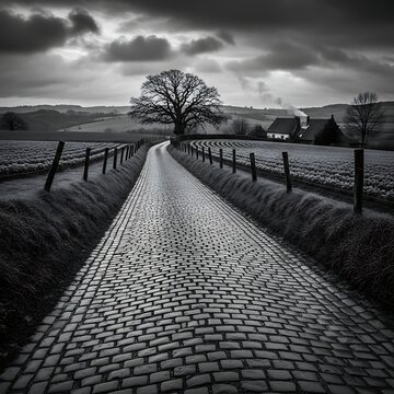 Cobblestone rural road leading toward distant leafless tree under dramatic skies