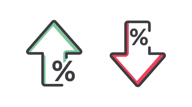 Percentage increase and decrease vector icons showing financial growth or price reduction trends