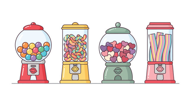 Colorful retro gumball machines vector illustration featuring delicious sweet candies and bubblegum treats inside