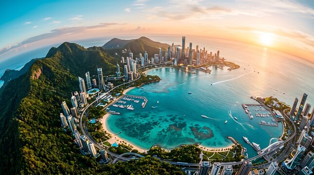 Futuristic Island Coastal City Aerial View Sunset