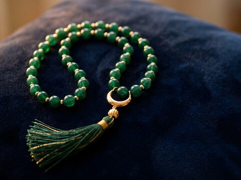 Green Islamic Prayer Beads Misbaha Tasbih with Gold Crescent Moon Charm on Blue Velvet