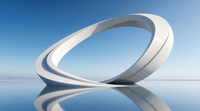Modern Curved Circular Concrete Sculpture Reflecting on Still Water