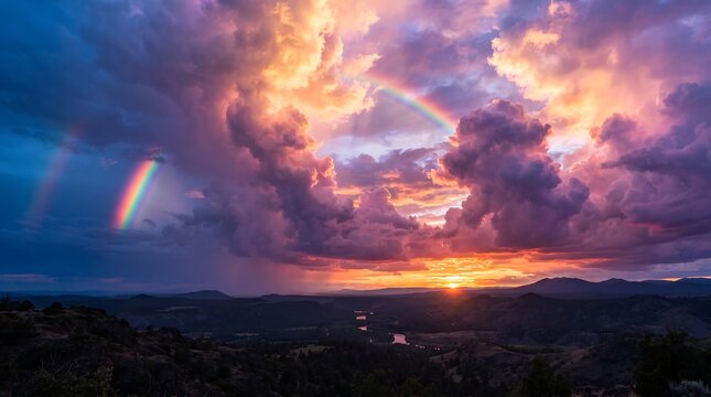 Vibrant sunset sky with a double rainbow over a mountain landscape