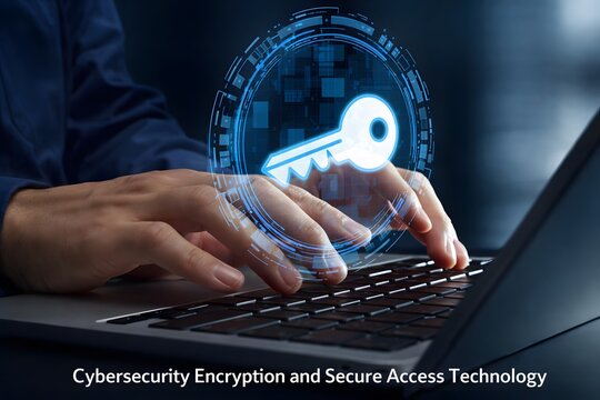Encryption key management system and cryptography for cyber security. Passkey and secure passwordless authentication. Businessperson using laptop computer.