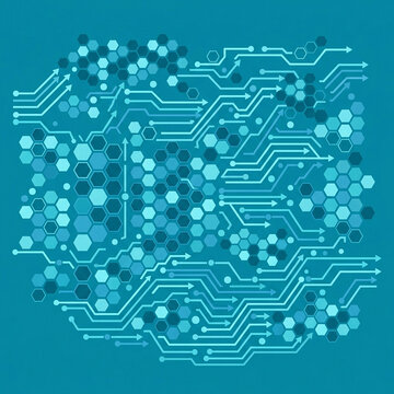 Fondo abstracto de tecnolog&iacute;a con circuito impreso y patrones geom&eacute;tricos hexagonales azules.