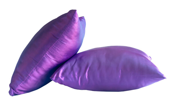 Two purple pillows after use in stack isolated on white background with clipping path