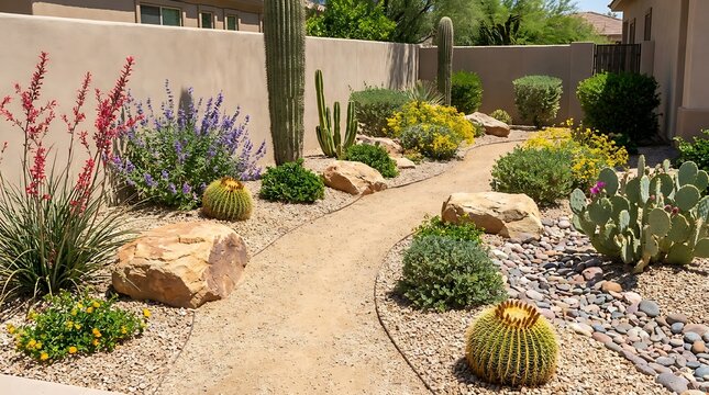 Beautiful desert garden landscape with cacti succulents and rocks along a walking path in a sunny backyard. arizona yard