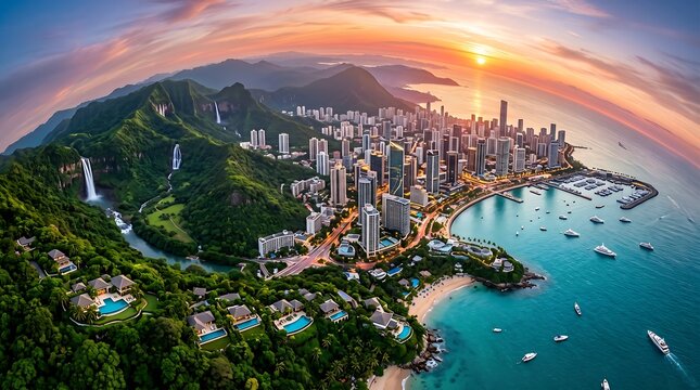 Vibrant fisheye aerial panorama of a coastal city surrounded by lush mountains, waterfalls, luxury resorts, and a sunlit ocean bay at sunset.
