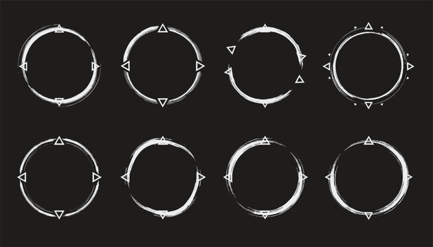 Set of hand drawn white circular ink frames decorated with small triangle arrows arranged on a dark charcoal background.