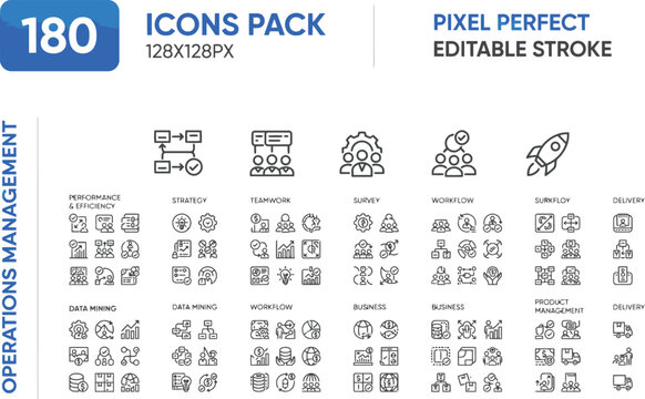 Operations management and data mining icons pack for performance efficiency and teamwork strategies.