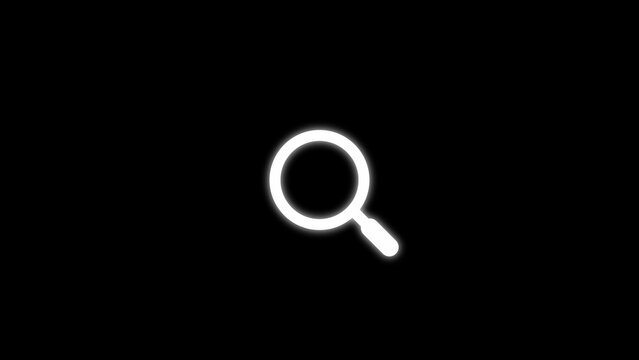 Glowing white magnifying glass centered on a solid black background, minimalist style symbol for search functions