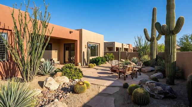 Beautiful desert home with saguaro cactus and succulents in a landscaped garden under a bright blue sky. arizona yard