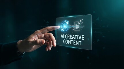 Obraz premium Human hand touching a glowing blue holographic interface displaying the text ai creative with document and circular