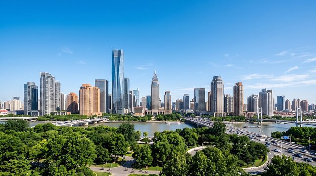 Modern City Skyline Along Waterfront with Lush Park Foliage