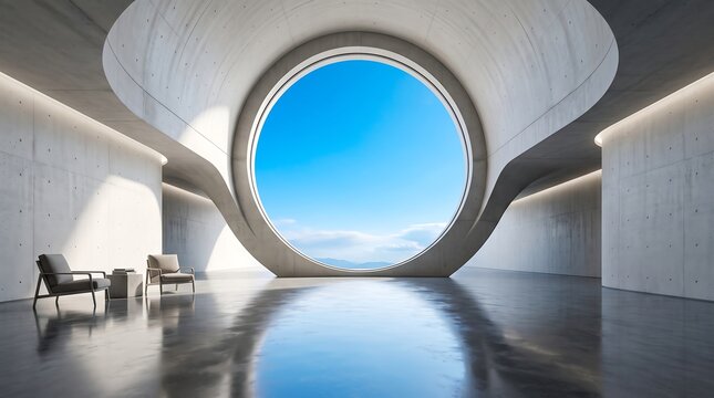Modern Futuristic Concrete Interior with Large Circular Window Framing Blue Sky View