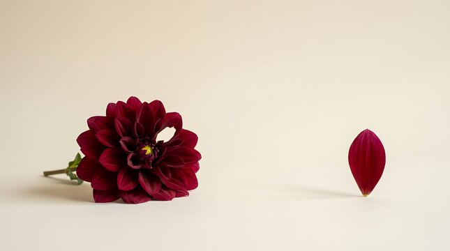 赤いダリアと一枚の花びらのミニマルな秋背景